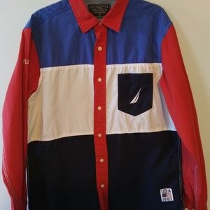 nautica usa 1983 sailing color block cotton mens  button  shirt long sleeves